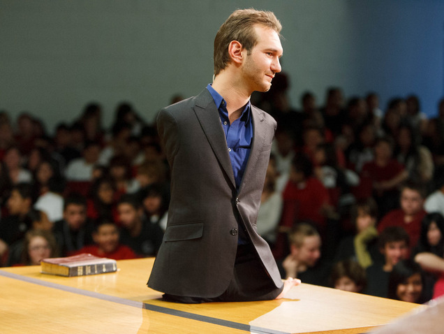 Trent Nelson  |  The Salt Lake Tribune
Motivational speaker Nick Vujicic speaks to students at Bryant Middle School and beyond about the dangers of bullying. The assembly was simulcast and streamed to some schools across Utah Thursday March 7, 2013 in Salt Lake City
